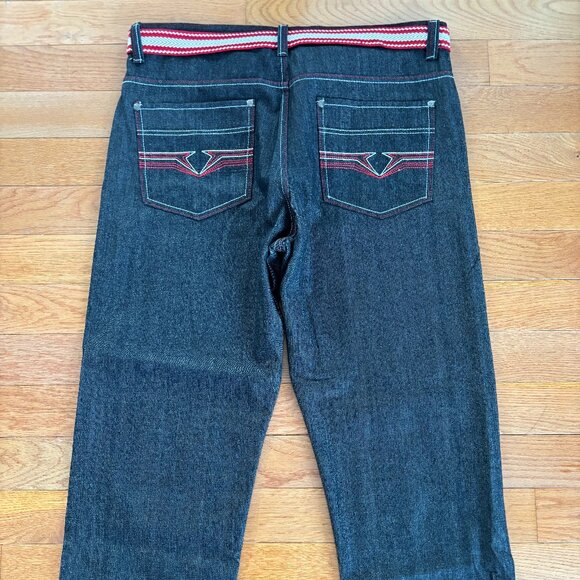 Jinzu Jeans Mens 42x32 Black Embroidered Pockets With Red Belt Baggy Y2K Hip Hop - Picture 1 of 9